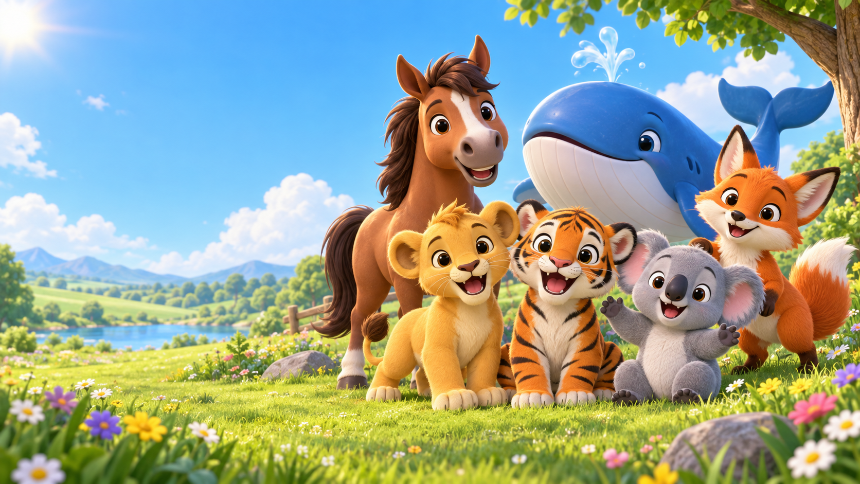 A friendly horse, whale, lion, tiger, koala, and fox together in a sunny meadow